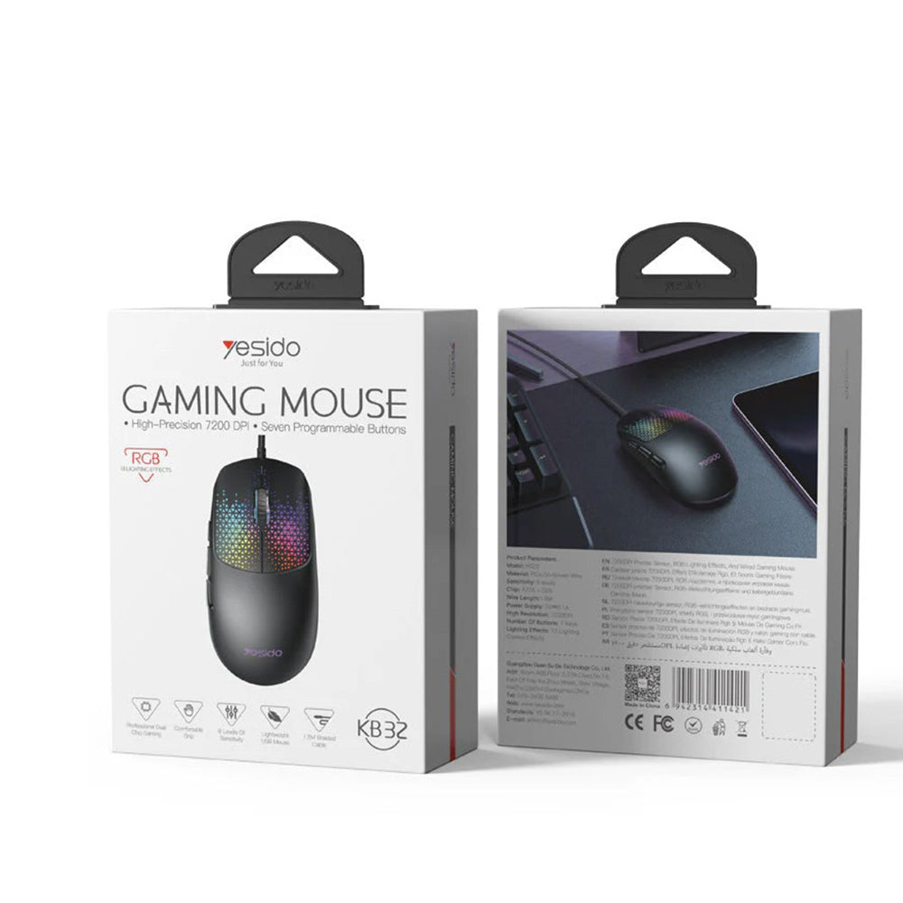 Yesido - Wired Gaming Mouse (KB32) - USB, Plug&Play, Ultra-Lightweight Design, RGB Lighting, 7200DPI - Black