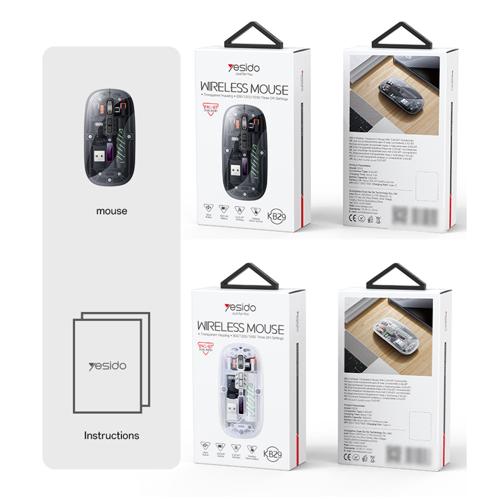 Yesido - Wireless Mouse (KB29) - Type-C, BT+ 2.4G Connection, 800/1200/1600DPI, 400mAh - Black