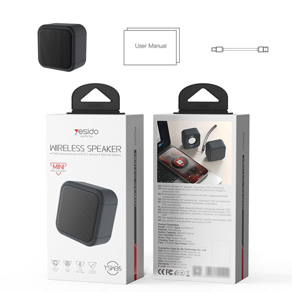 Yesido - Wireless Speaker (YSW35) - Mini Design, Portable, Bluetooth V5.3, 400mAh - Black