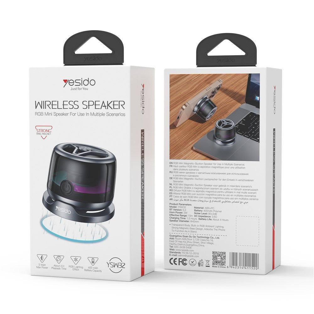 Yesido - Mini Magnetic Wireless Speaker (YSW32) - RGB Lighting Effect, 400mAh, 3W, Bluetooth 5.3 - Black