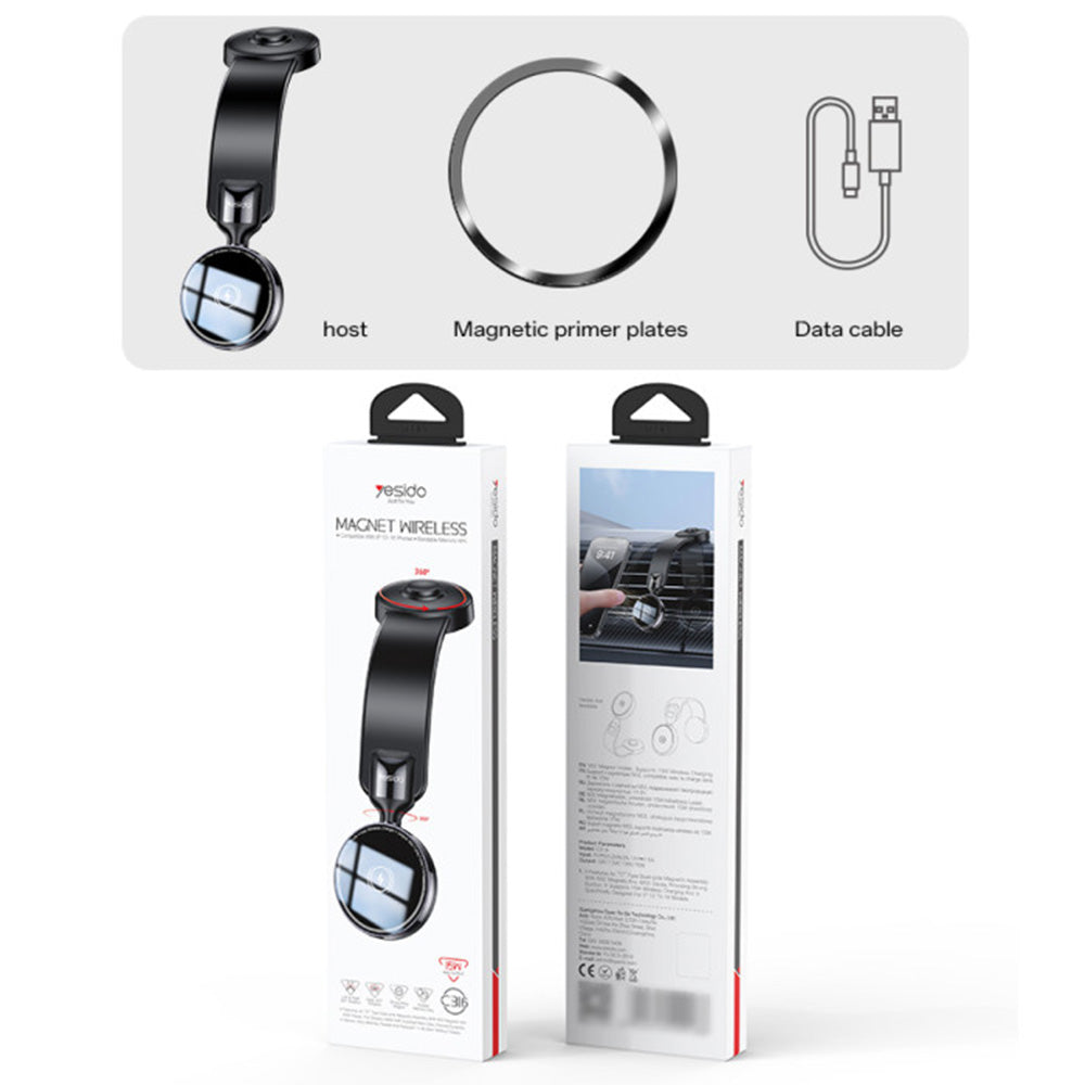 Yesido - Car Holder with Wireless Charging (C316) - for Dashboard, N52 Magnets, Flexible, Smart Power Control, 15W - Bla
