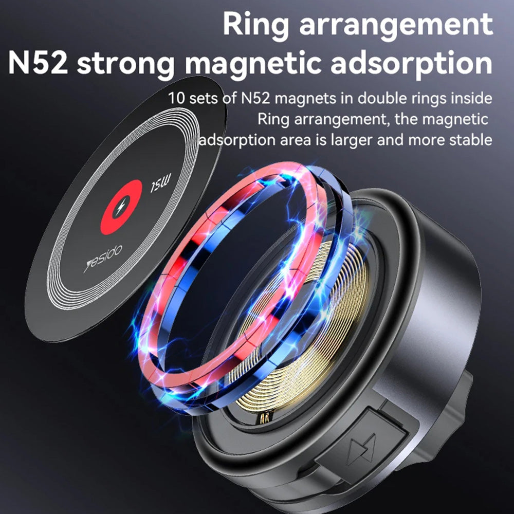 Yesido - Car Holder with Wireless Charging (C314) - for Dashboard, with Retractable Cable, Type-C, N52 Magnets, 15W - Bl