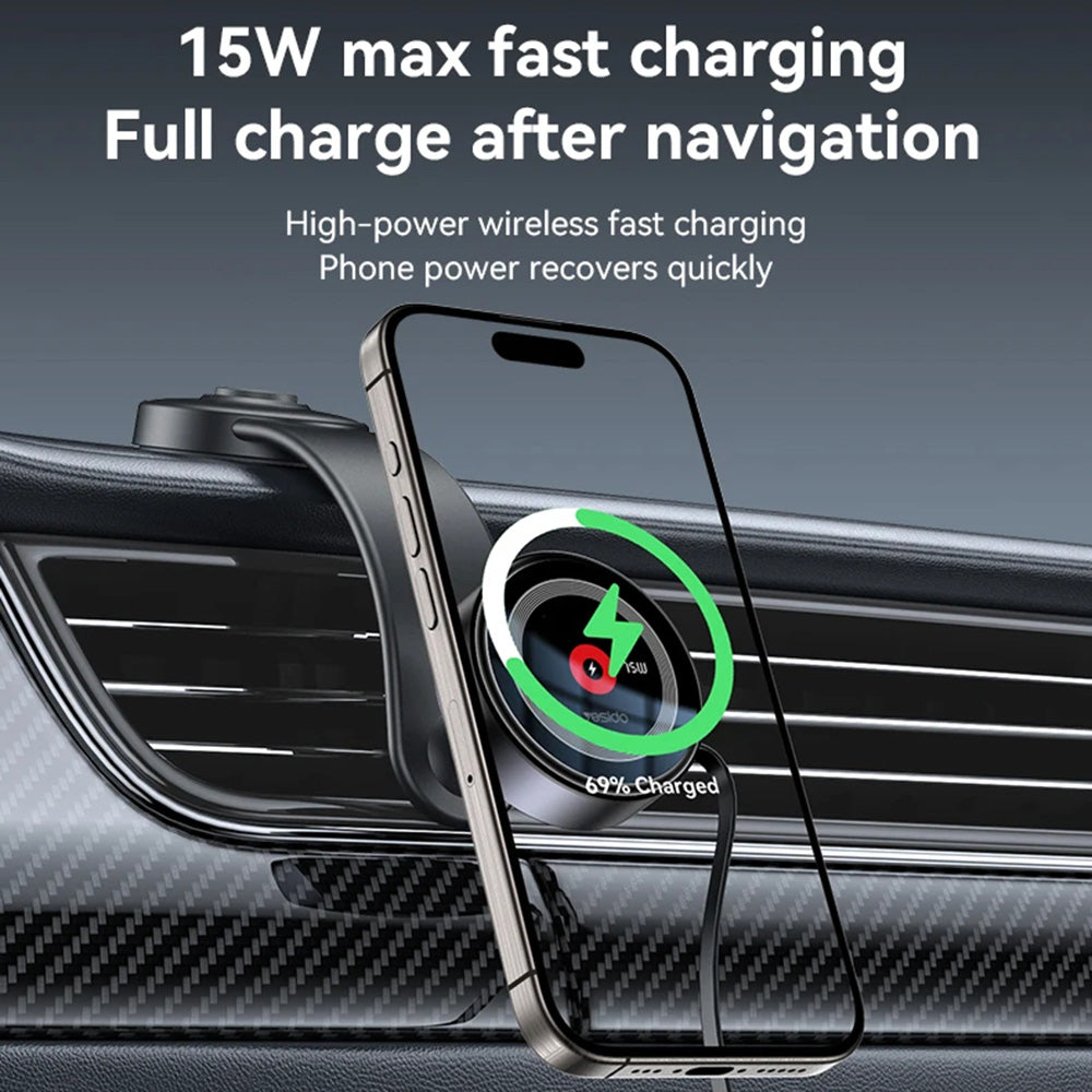 Yesido - Car Holder with Wireless Charging (C314) - for Dashboard, with Retractable Cable, Type-C, N52 Magnets, 15W - Bl
