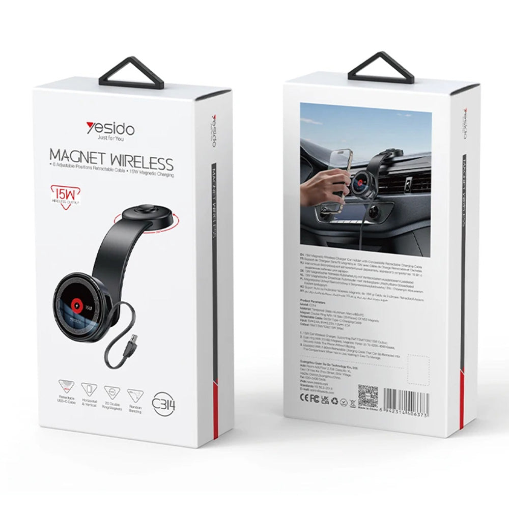 Yesido - Car Holder with Wireless Charging (C314) - for Dashboard, with Retractable Cable, Type-C, N52 Magnets, 15W - Bl
