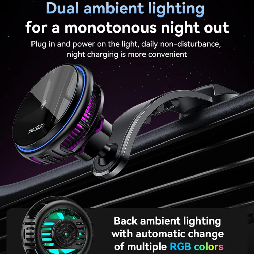 Yesido - Car Holder with Wireless Charging (C311) - for Dash, Semiconductor, Powerful Cooling, 2x Ambient Lights, 15W - 