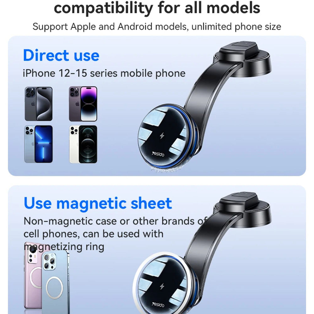 Yesido - Car Holder with Wireless Charging (C311) - for Dash, Semiconductor, Powerful Cooling, 2x Ambient Lights, 15W - 