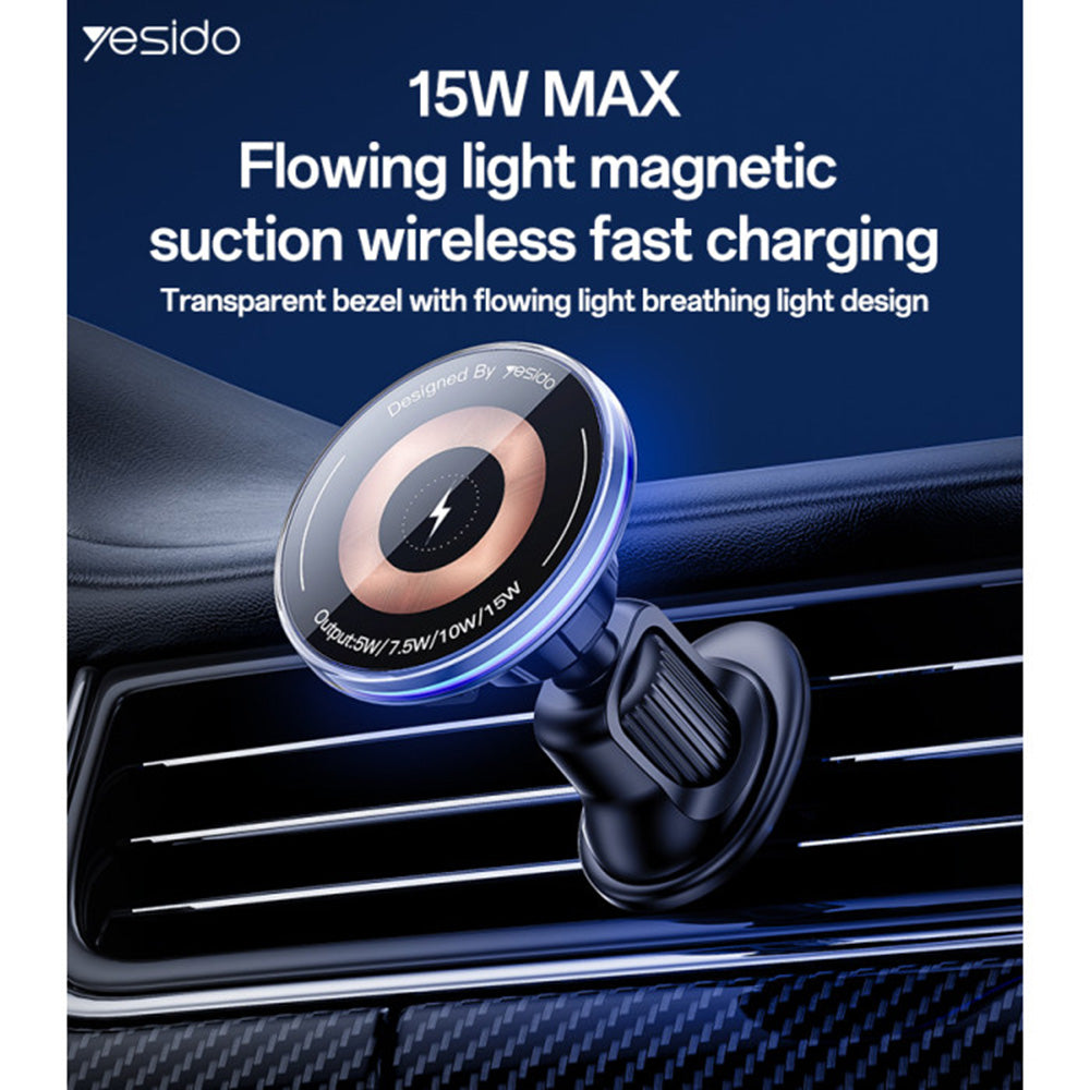 Yesido - Car Holder with Wireless Charging (C308) - for Air Vent, Flowing Light, Multi Folding Clamp Arm, Type-C, 15W - 