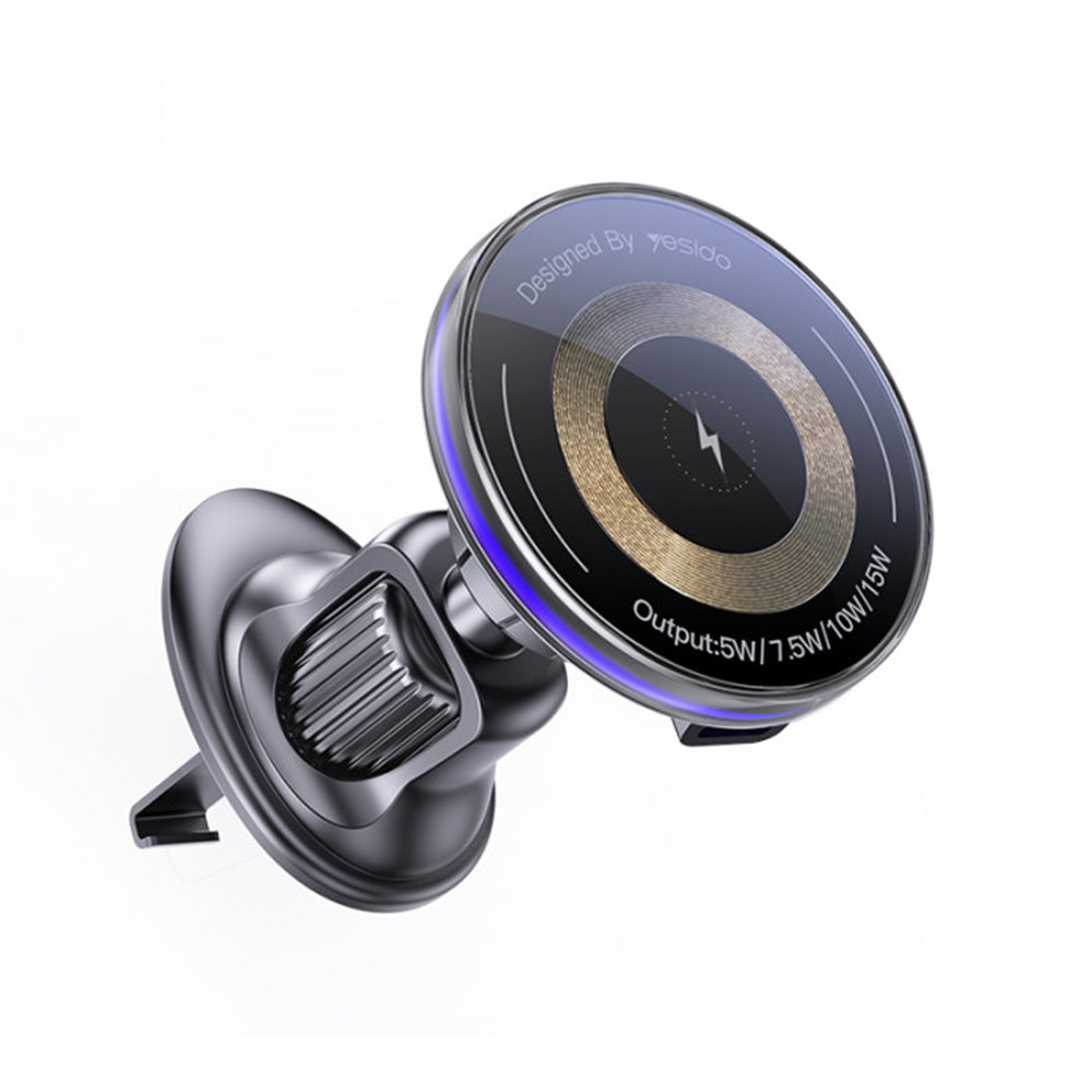 Yesido - Car Holder with Wireless Charging (C308) - for Air Vent, Flowing Light, Multi Folding Clamp Arm, Type-C, 15W - 