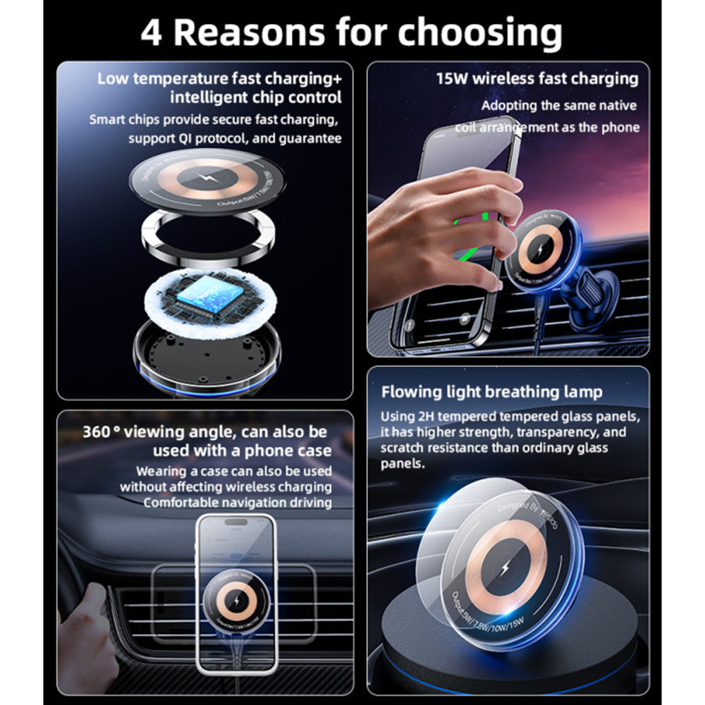 Yesido - Car Holder with Wireless Charging (C308) - for Air Vent, Flowing Light, Multi Folding Clamp Arm, Type-C, 15W - 