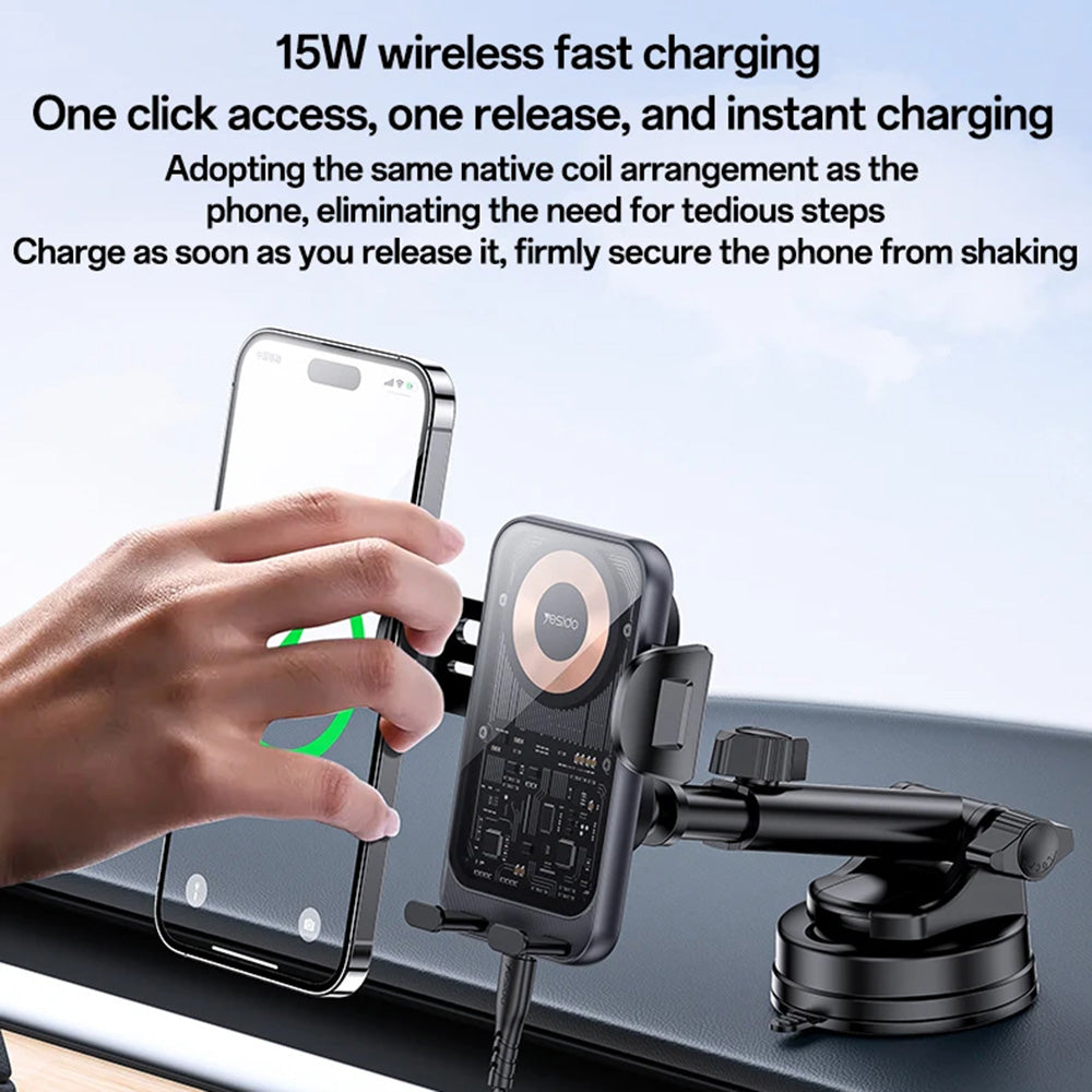 Yesido - Car Holder with Wireless Charging (C307) - for Dasboard, Electric Lock, Transparent Design, Smart Chip, 15W - B