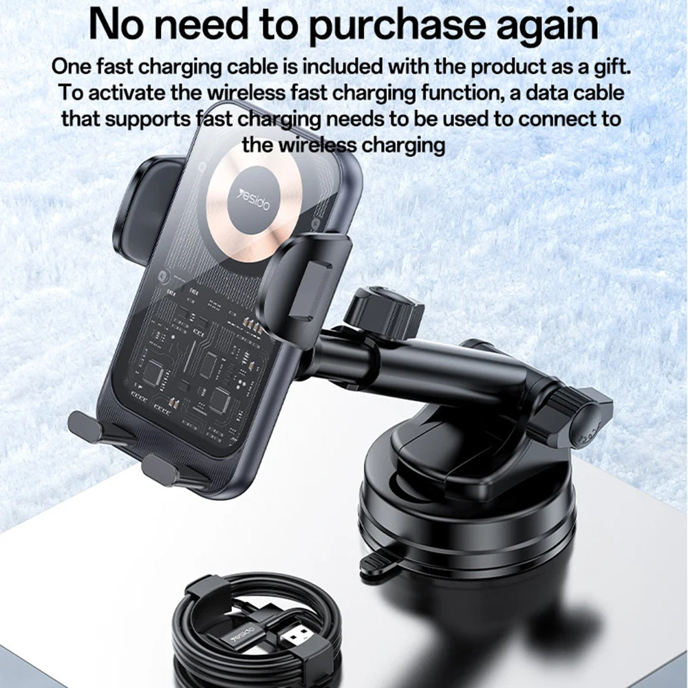 Yesido - Car Holder with Wireless Charging (C307) - for Dasboard, Electric Lock, Transparent Design, Smart Chip, 15W - B
