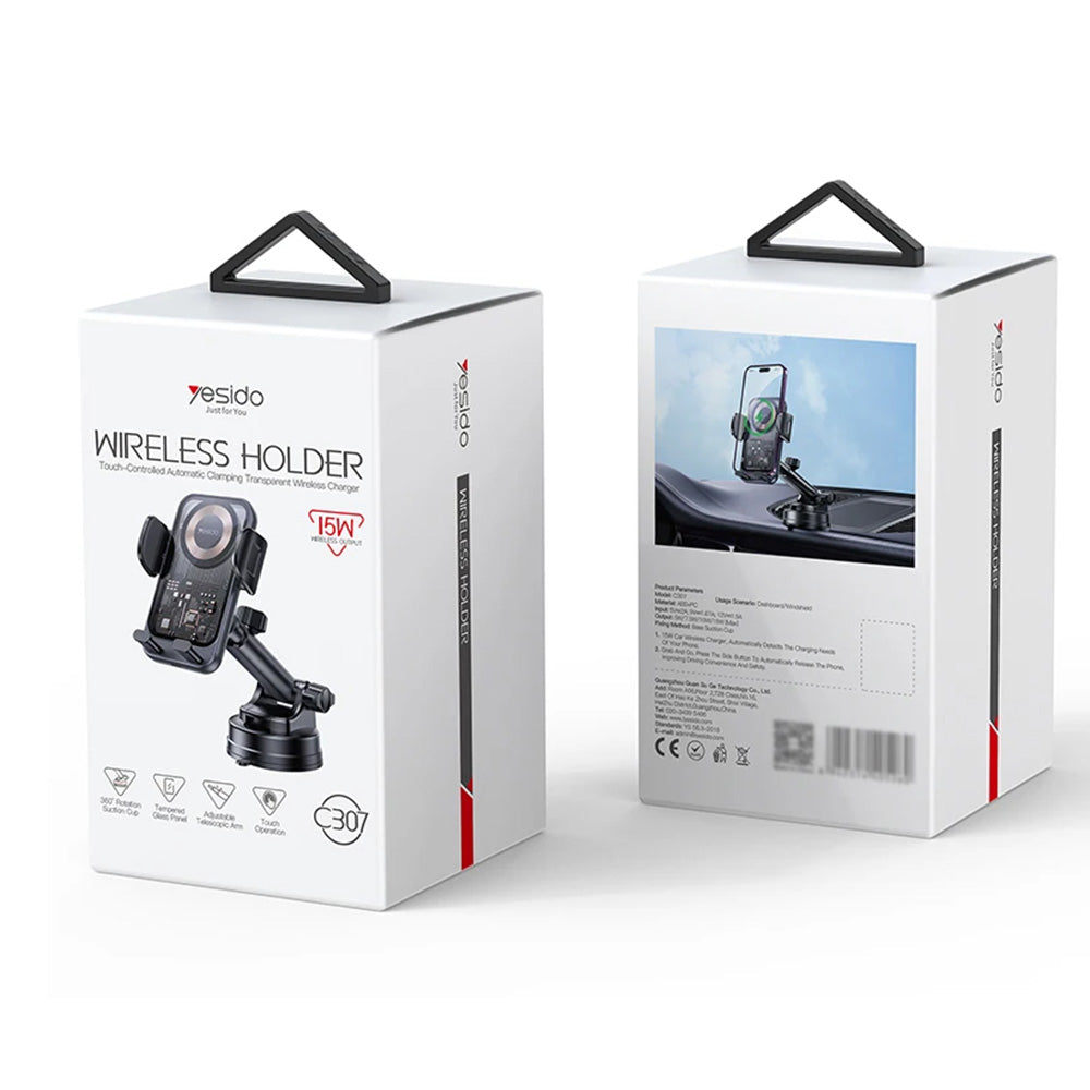 Yesido - Car Holder with Wireless Charging (C307) - for Dasboard, Electric Lock, Transparent Design, Smart Chip, 15W - B