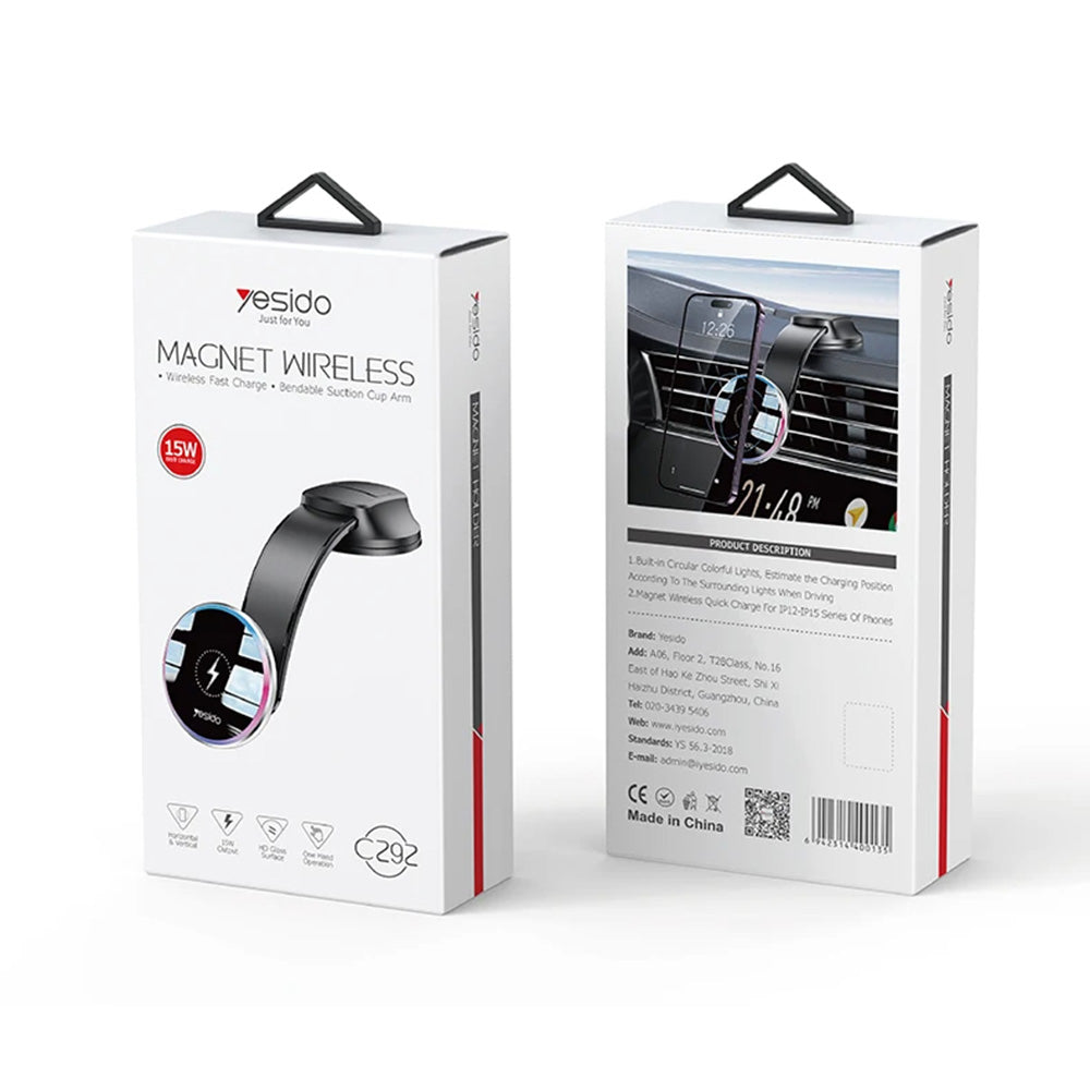 Yesido - Car Holder with Wireless Charging (C292) - for Dashboard/Windshield, LED Indicator, Bendable Clamp Arm, 15W - B