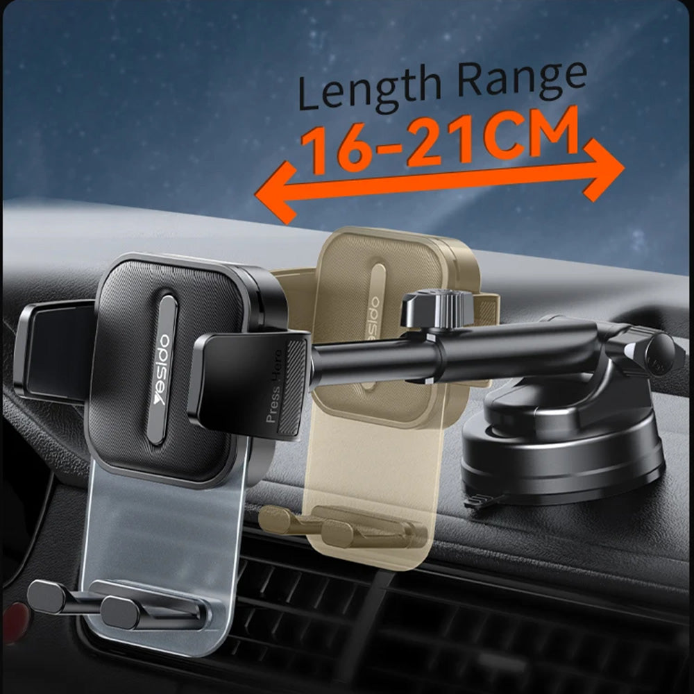Yesido - Car Holder (C261) - for Dashboard/Windshield, 360°, Anti-slip, Transparent Panel, Telescopic Arm, Auto Clip - B