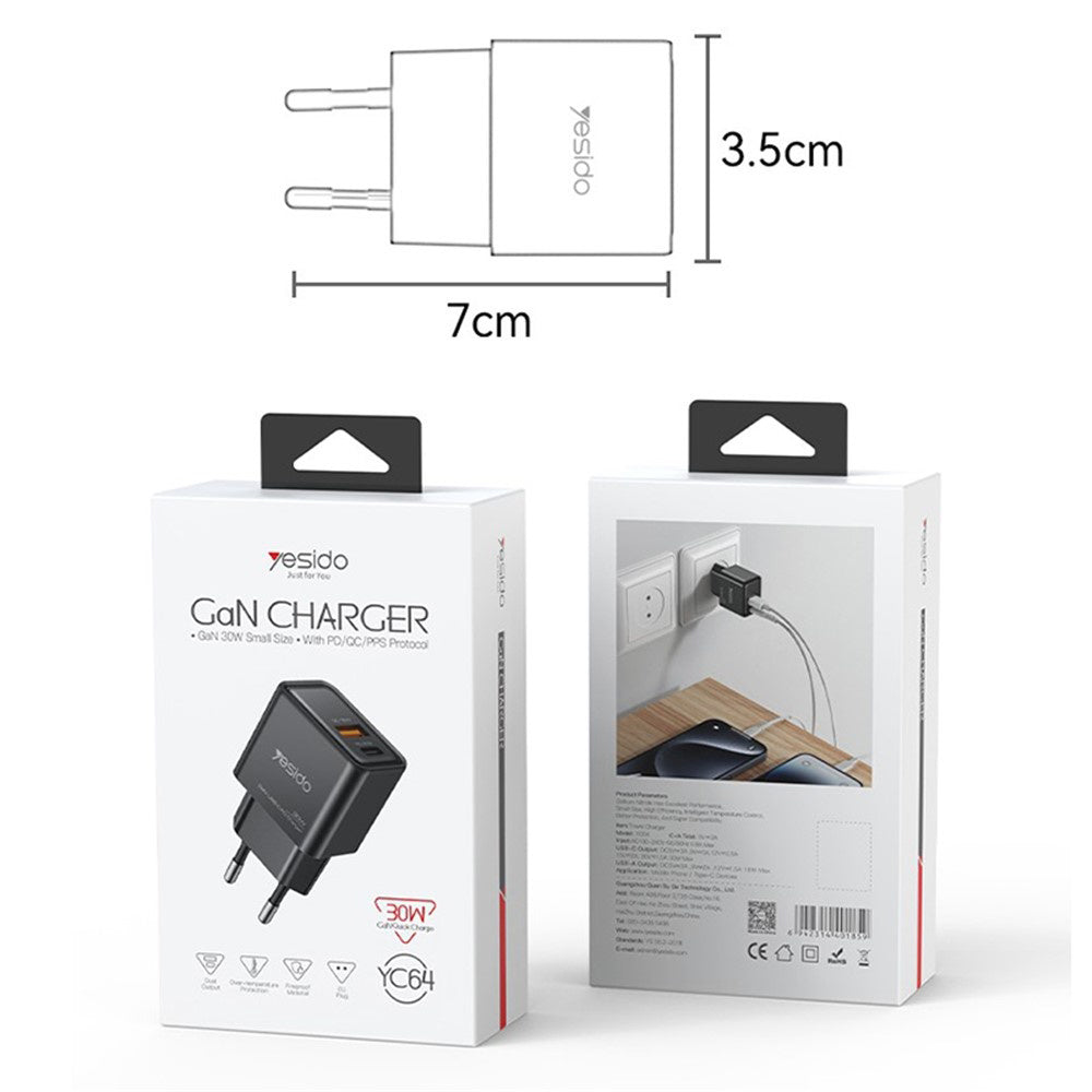Yesido - Wall Charger (YC64) - Dual Port Type-C + USB-A, Fast Charging, GaN Technology, PD30W - Black