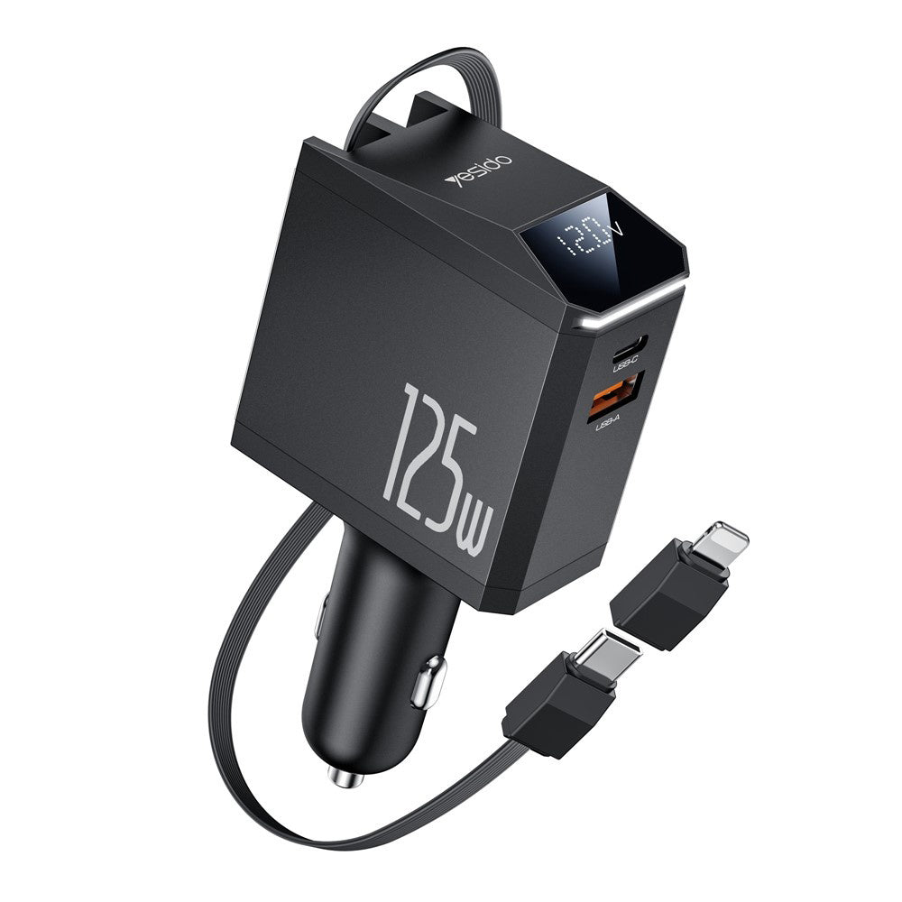 Yesido - 4in1 Car Charger (Y71) - with Type-C Retractable Cable + Lightning Adapter, Dual Port USB-A + Type-C, 125W, LED