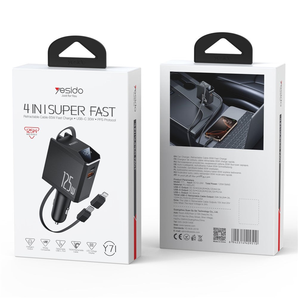 Yesido - 4in1 Car Charger (Y71) - with Type-C Retractable Cable + Lightning Adapter, Dual Port USB-A + Type-C, 125W, LED