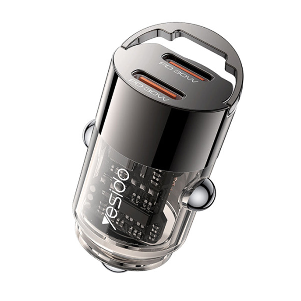 Yesido - Mini Car Charger (Y69) - Dual-Port Type-C, PD30W, Aluminum Alloy, Fast Charging - Black