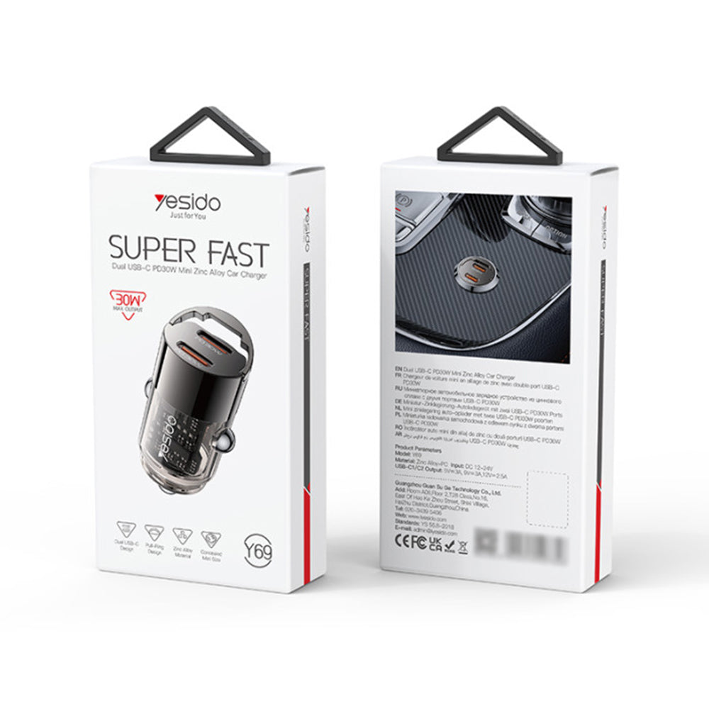 Yesido - Mini Car Charger (Y69) - Dual-Port Type-C, PD30W, Aluminum Alloy, Fast Charging - Black