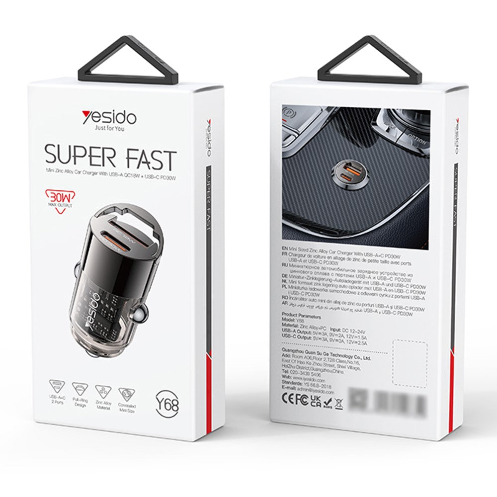 Yesido - Hidden Car Charger (Y68) - Dual-Port USB-A + Type-C, PD30W, Aluminum Alloy, Fast Charging - Black