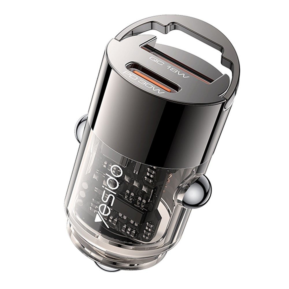 Yesido - Hidden Car Charger (Y68) - Dual-Port USB-A + Type-C, PD30W, Aluminum Alloy, Fast Charging - Black