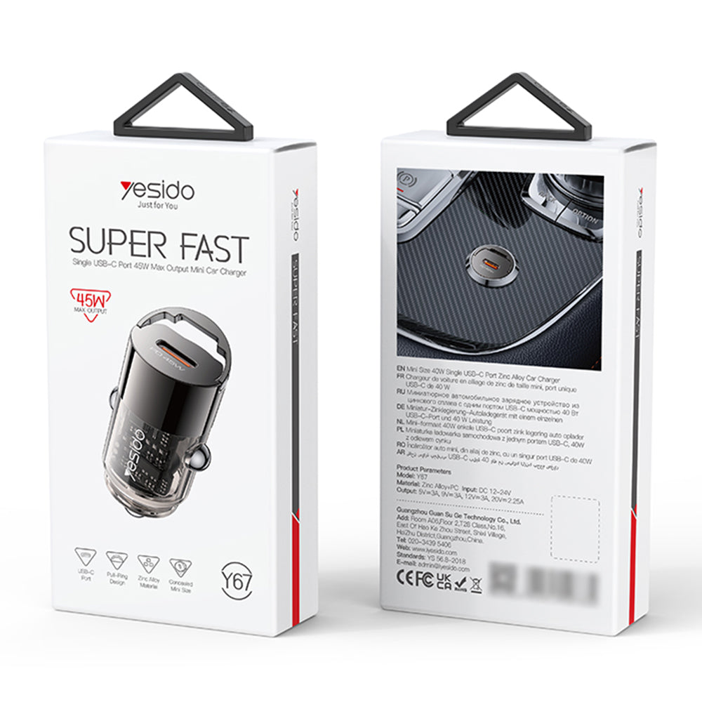 Yesido - Hidden Car Charger (Y67) - Type-C, PD45W, Aluminum Alloy, Super Fast Charging - Black