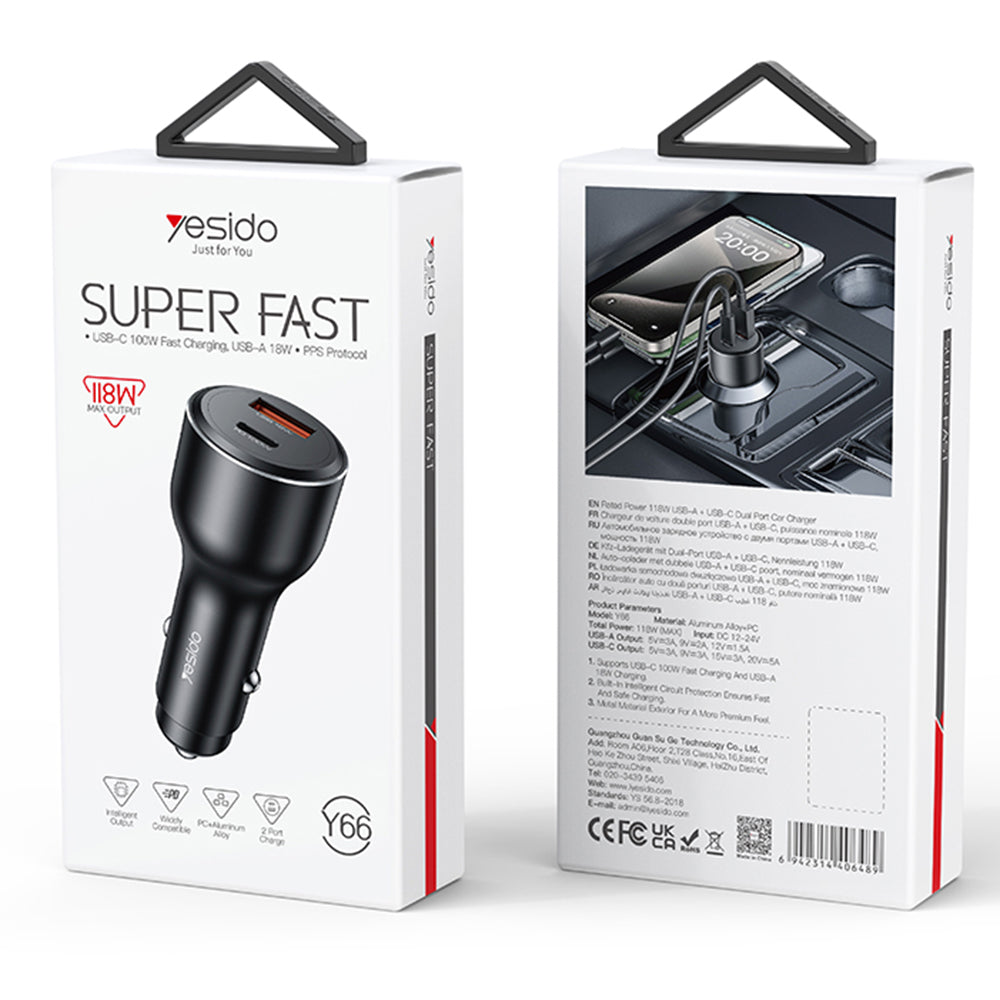 Yesido - Car Charger (Y65) - Dual-Port USB-A + Type-C, PD100W, Aluminum Alloy, Super Fast Charging - Black