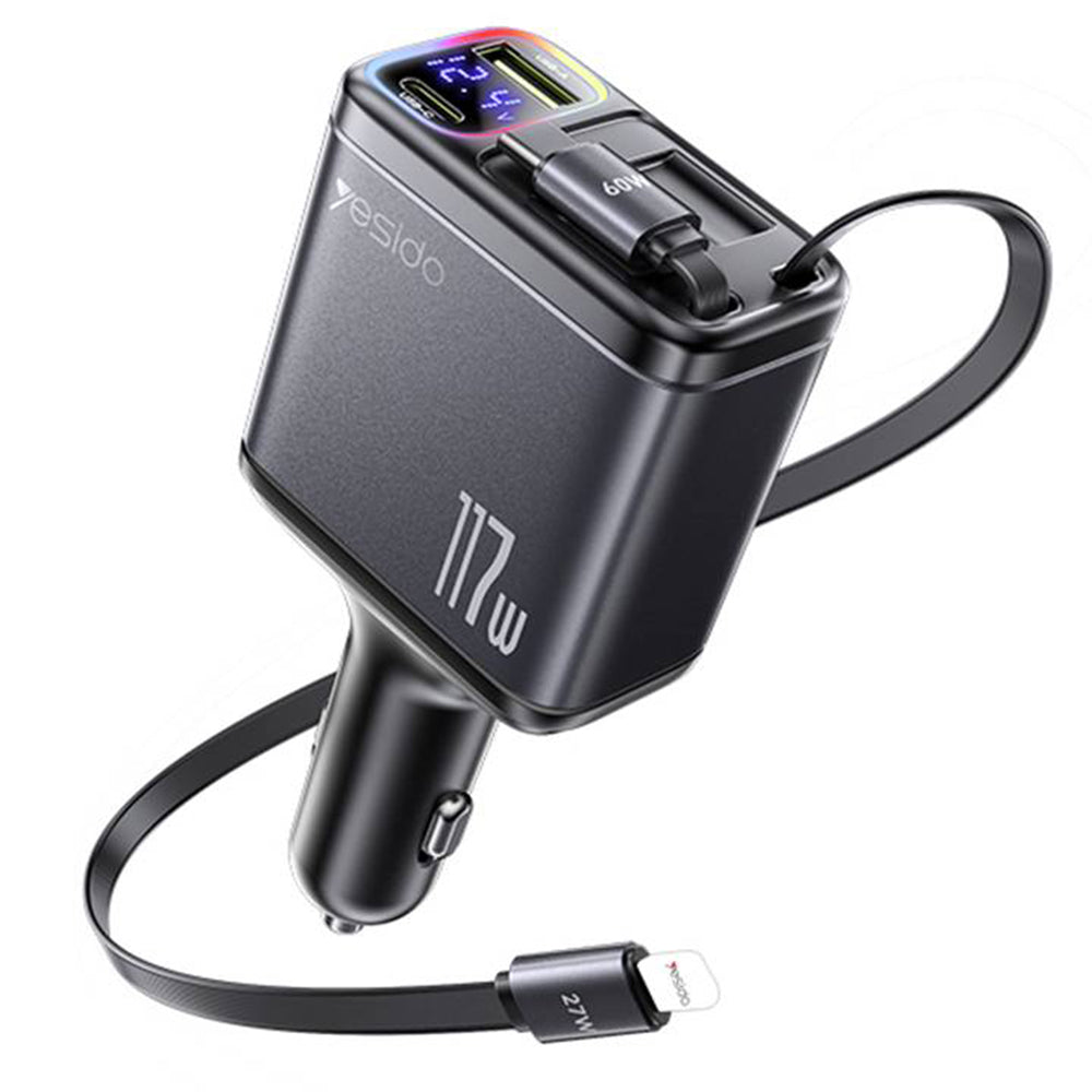 Yesido - 4in1 Car Charger (Y63) - with 2x Retractable Cable, LED Ambient Light, Fast Charging, 117W - Grey