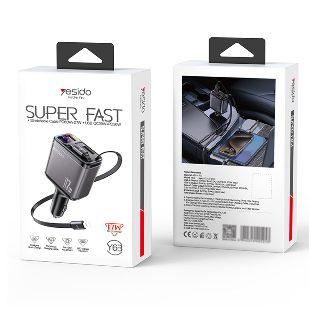 Yesido - 4in1 Car Charger (Y63) - with 2x Retractable Cable, LED Ambient Light, Fast Charging, 117W - Grey