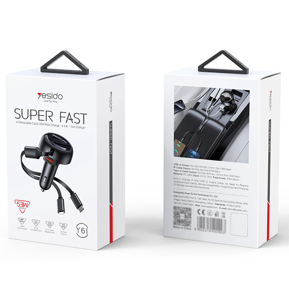 Yesido - Car Charger (Y61) - with 2x Telescopic Retractable Cable Type-C/Lightning, Fast Charging, USB-A, 53W - Black