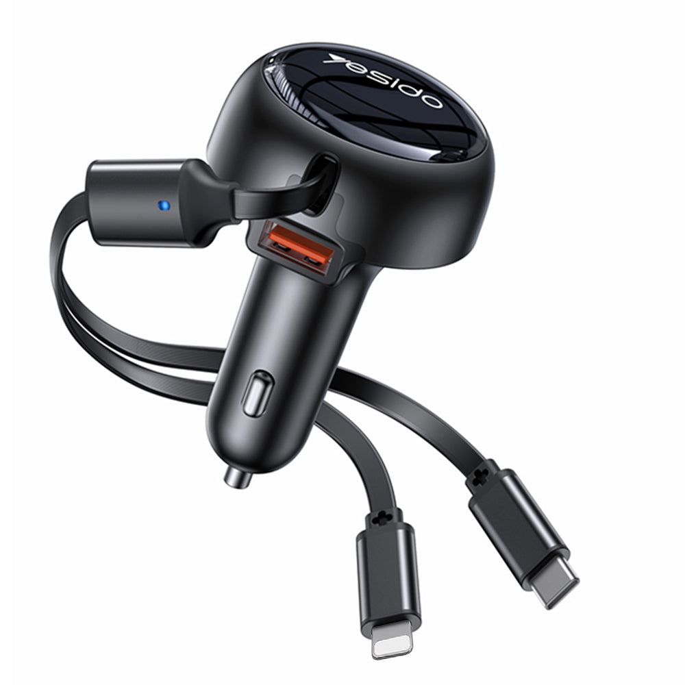 Yesido - Car Charger (Y61) - with 2x Telescopic Retractable Cable Type-C/Lightning, Fast Charging, USB-A, 53W - Black