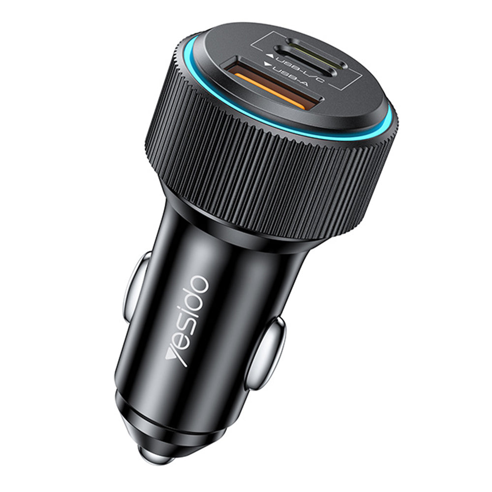 Yesido - Car Charger (Y60) - Cable Type-C to Lightning Included, Lightning/USB-A/USB-C Ports, 38W, Fast Charging - Black
