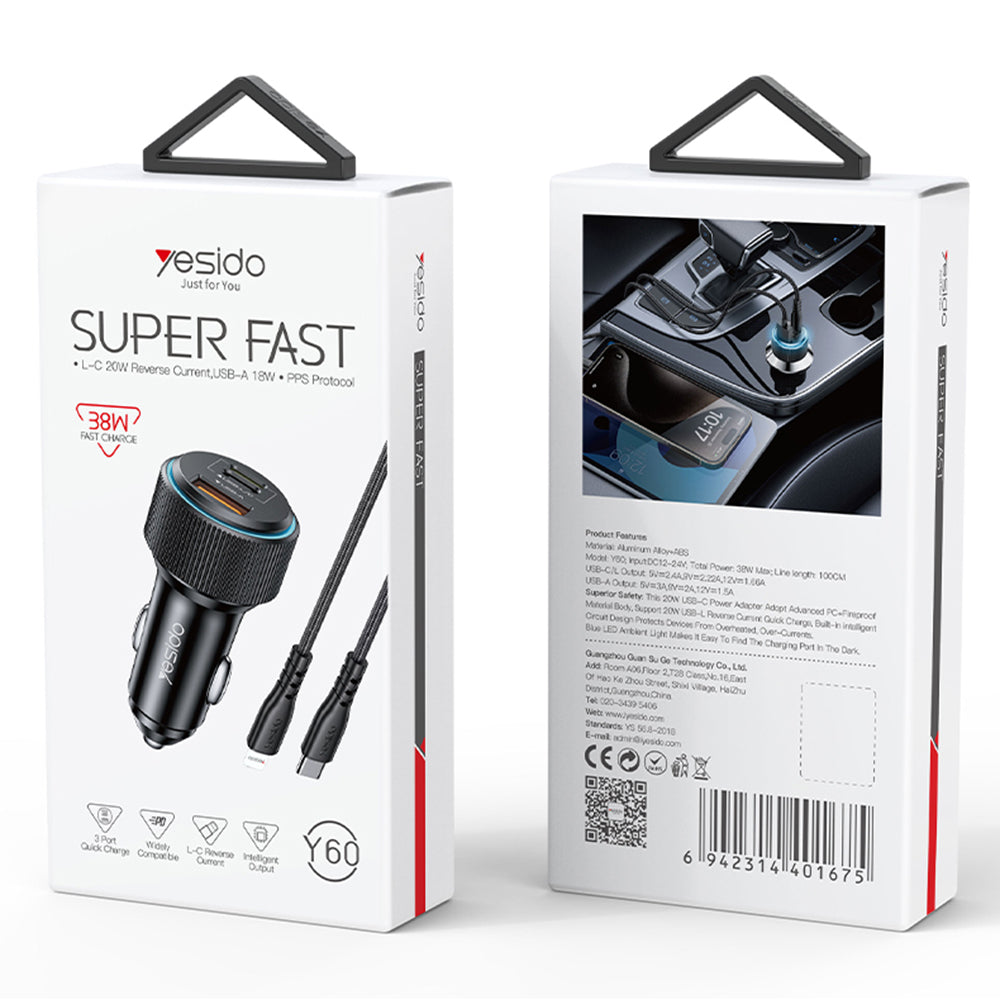 Yesido - Car Charger (Y60) - Cable Type-C to Lightning Included, Lightning/USB-A/USB-C Ports, 38W, Fast Charging - Black
