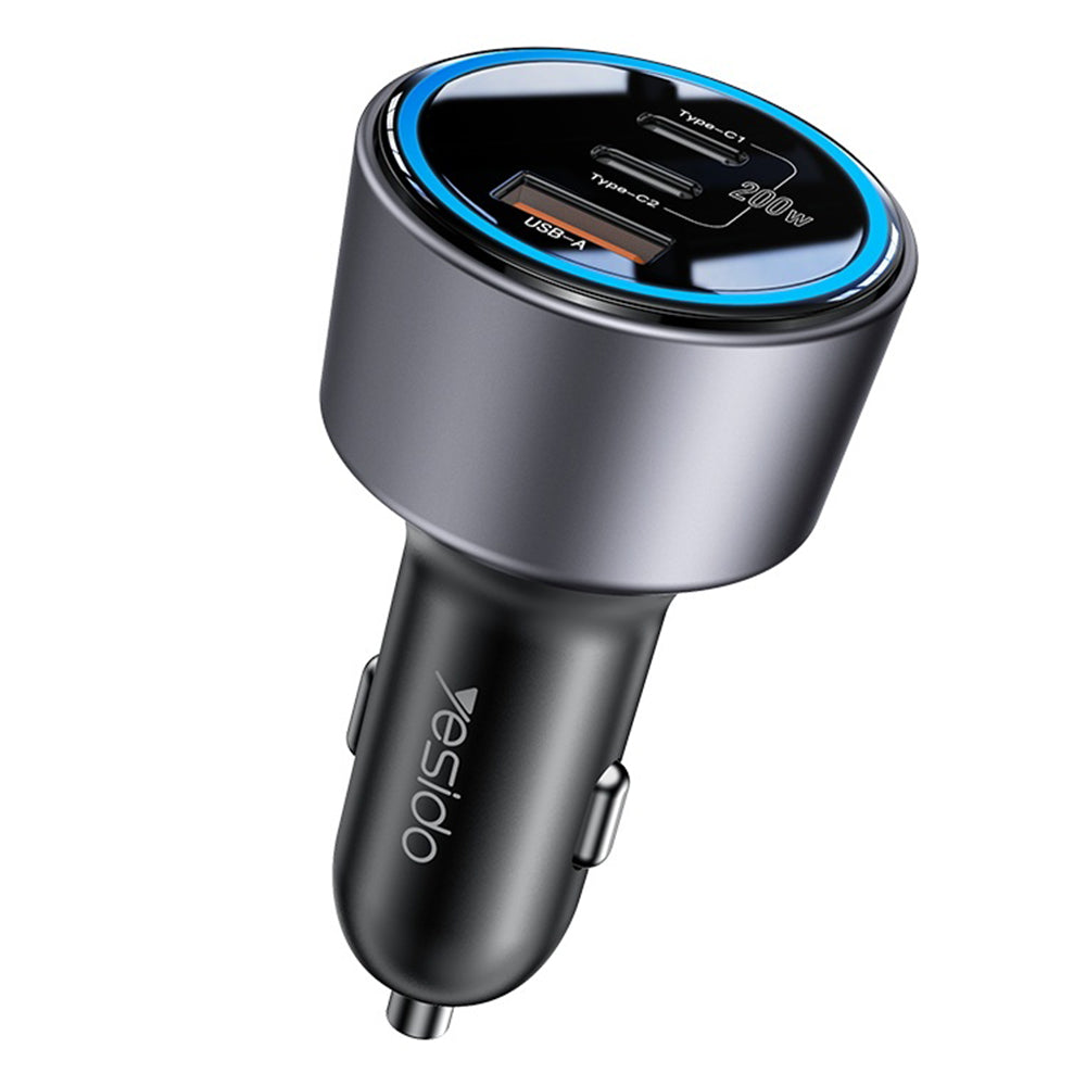 Yesido - Car Charger (Y59) - 2x Type-C, USB-A, 200W, Fast Charging, Multi Protection, Built-in Colorful Light - Black