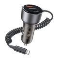 Yesido - Car Charger (Y57) - with Lightning Spring Cable, Type-C/USB-A Ports, 50W, Fast Charging - Black