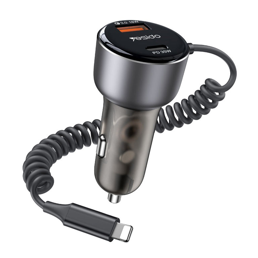 Yesido - Car Charger (Y57) - with Lightning Spring Cable, Type-C/USB-A Ports, 50W, Fast Charging - Black