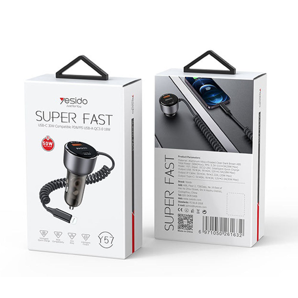 Yesido - Car Charger (Y57) - with Lightning Spring Cable, Type-C/USB-A Ports, 50W, Fast Charging - Black