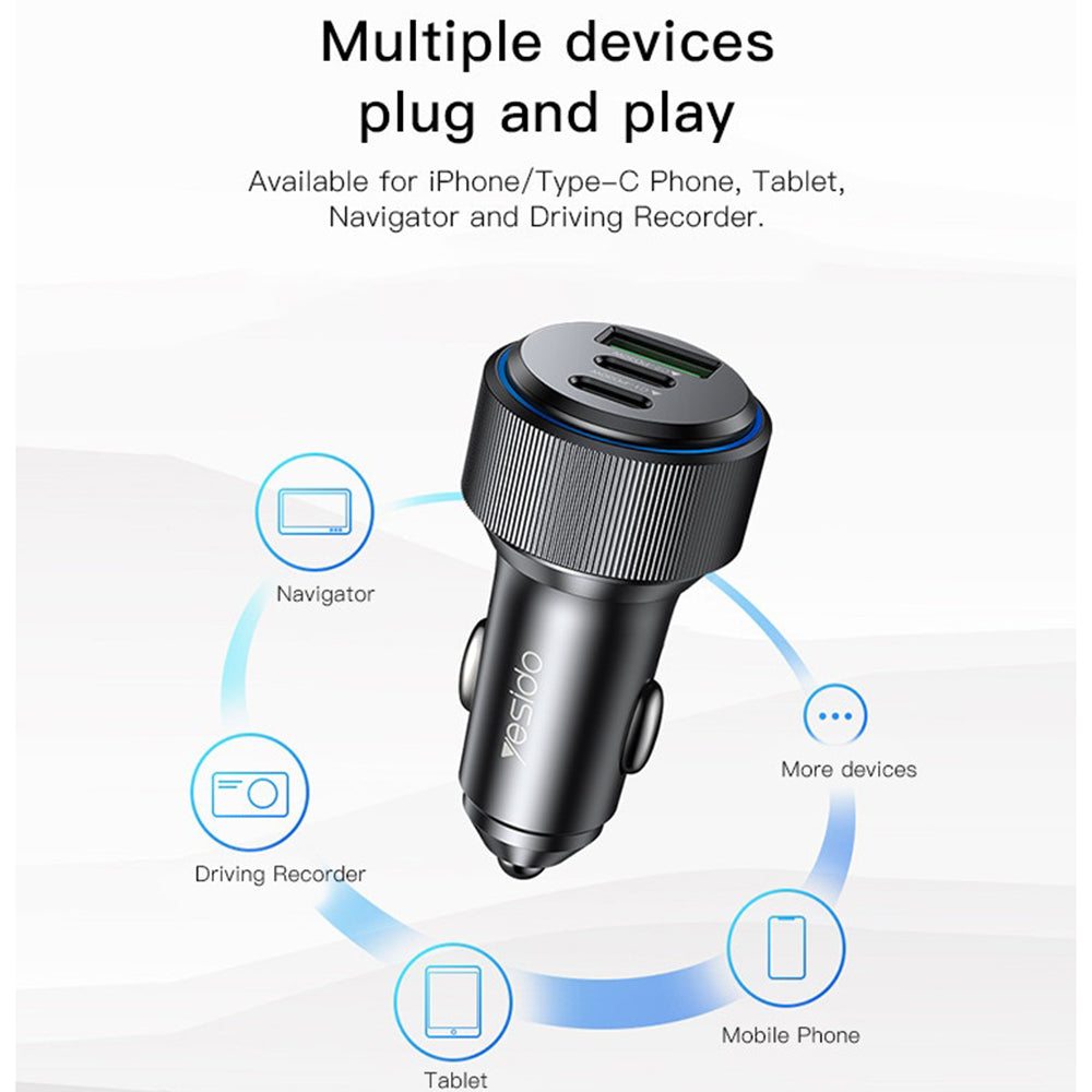 Yesido - Car Charger (Y50) - 2x Type-C, USB, Fast Charging, 60W, LED Lamp Ring, Intelligent Temperature Control Chip - B