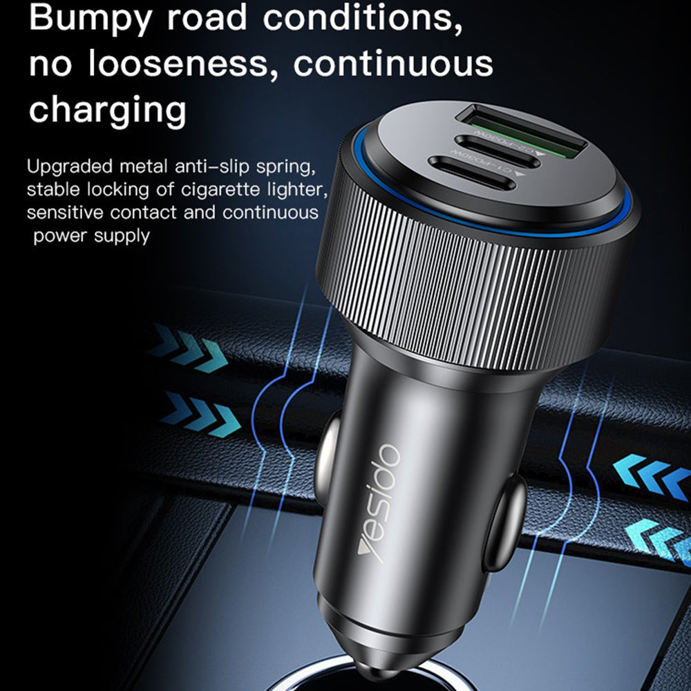 Yesido - Car Charger (Y50) - 2x Type-C, USB, Fast Charging, 60W, LED Lamp Ring, Intelligent Temperature Control Chip - B