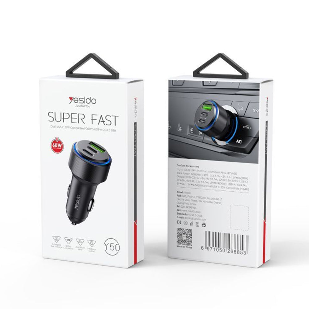 Yesido - Car Charger (Y50) - 2x Type-C, USB, Fast Charging, 60W, LED Lamp Ring, Intelligent Temperature Control Chip - B