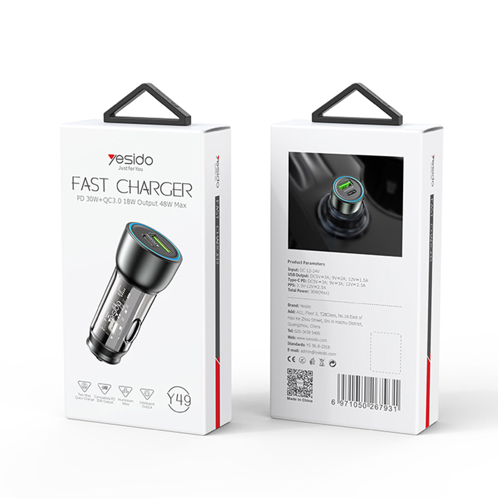 Yesido - Car Charger (Y49) - USB-A, Type-C, LED Light Effect, Fast Charging, 30W - Grey
