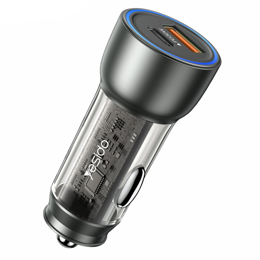 Yesido - Car Charger (Y49) - USB-A, Type-C, LED Light Effect, Fast Charging, 30W - Grey