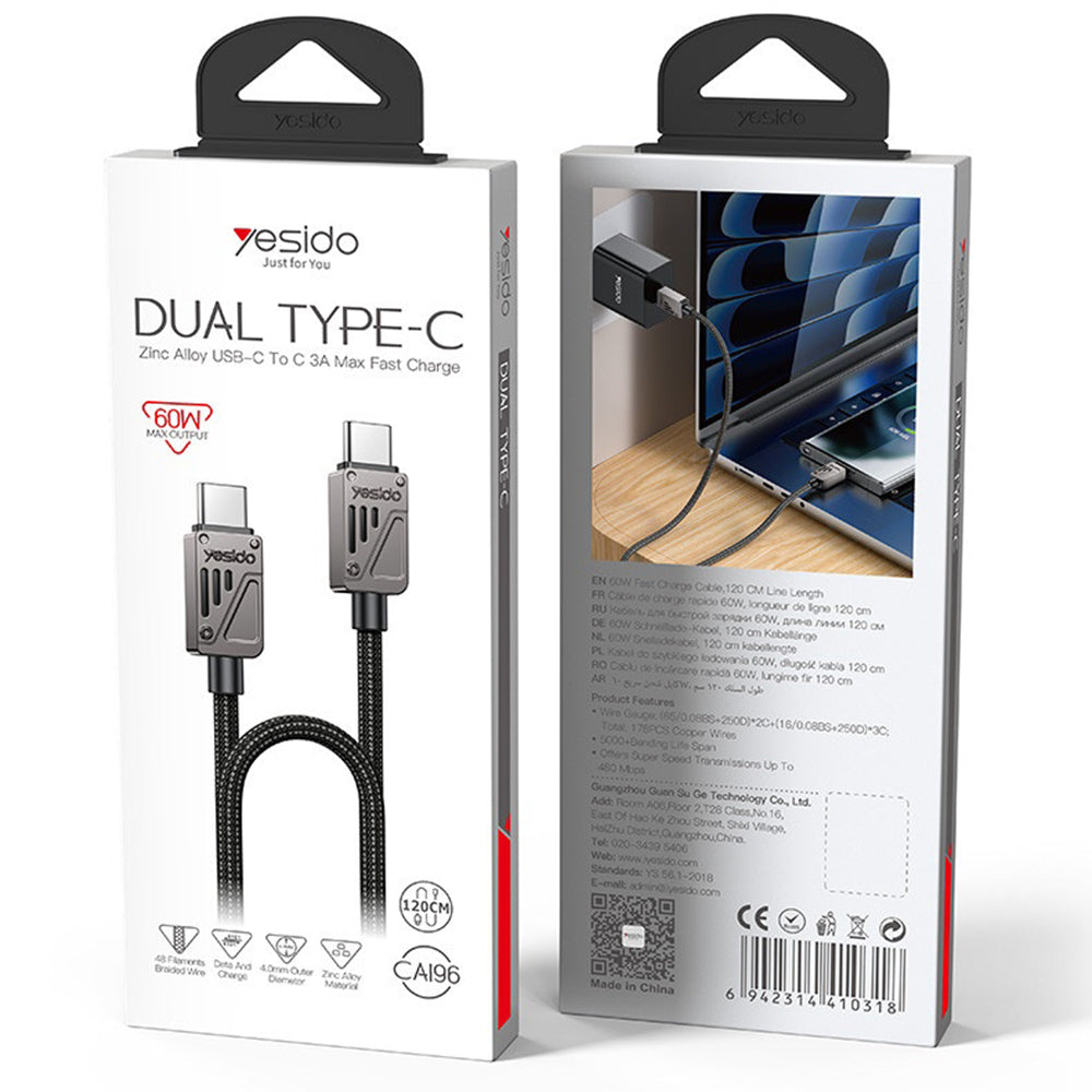 Yesido - Data Cable (CA196) - Type-C to Type-C, Fast Charging, 480Mbps, PD60W, CarPlay Compatible, Zinc Alloy, 1.2m - Bl