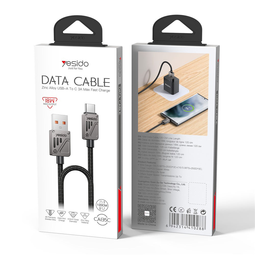 Yesido - Data Cable (CA135C) - USB to Type-C, Fast Charging, QC18W, 3A, 480Mbps, CarPlay Compatible, Zinc Alloy, 1.2m - 
