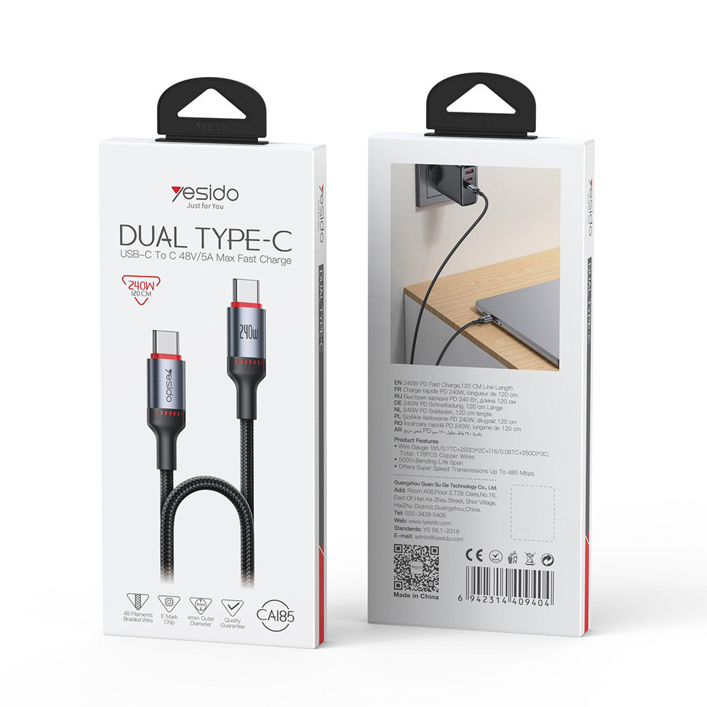 Yesido - Data Cable (CA185) - Type-C to Type-C, Fast Charging, 480Mbps, 240W, 48V/5A, E-Mark Chip, Nylon Braided, 1.2m -