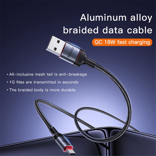 Yesido - Data Cable (CA130C) - USB to Type-C, Fast Charge, 18W, 3A, 480Mbps, CarPlay Compatible, Aluminum Alloy, 2m - Bl
