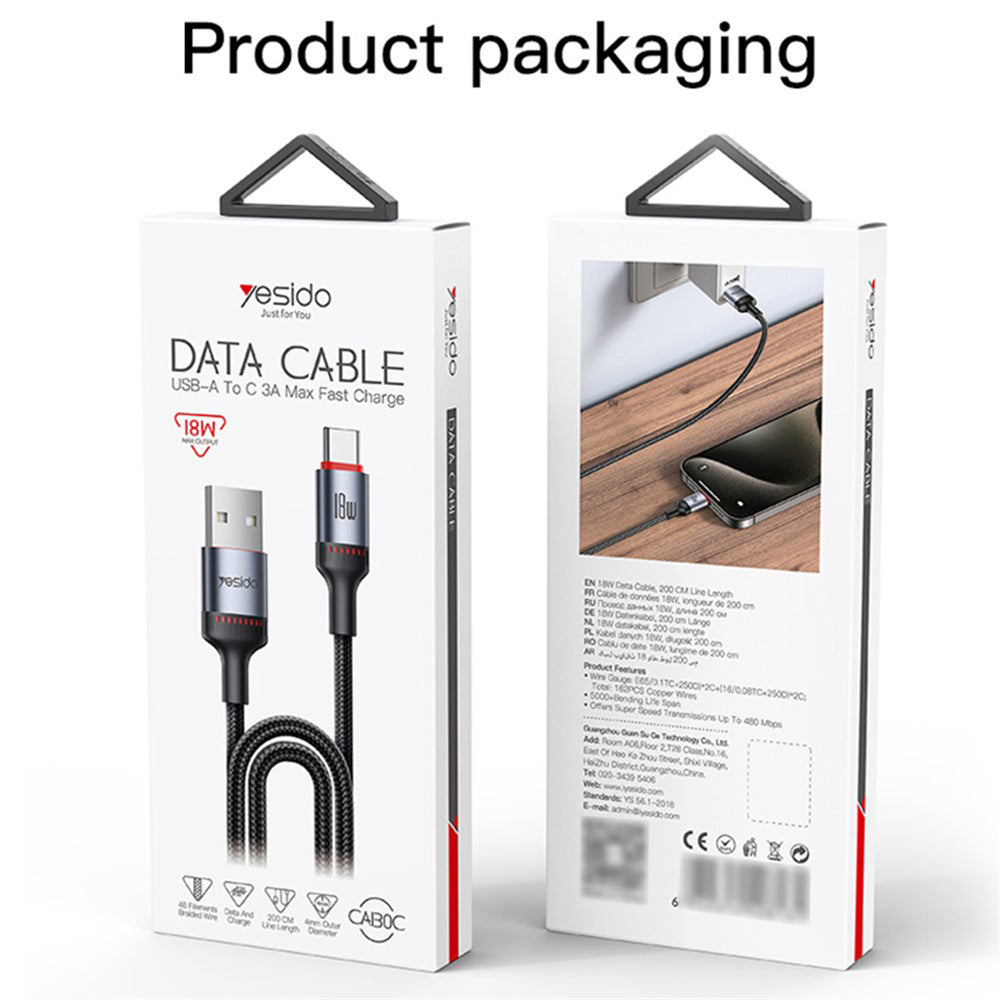 Yesido - Data Cable (CA130C) - USB to Type-C, Fast Charge, 18W, 3A, 480Mbps, CarPlay Compatible, Aluminum Alloy, 2m - Bl