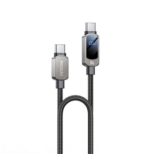 Yesido - Data Cable (CA179) - Super Fast Charging, with Digital Display, Type-C to Type-C, 100W, 5A, 480Mbps, 1.2m - Bla