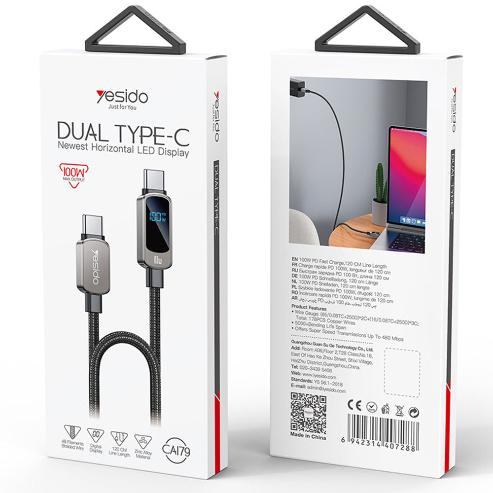 Yesido - Data Cable (CA179) - Super Fast Charging, with Digital Display, Type-C to Type-C, 100W, 5A, 480Mbps, 1.2m - Bla
