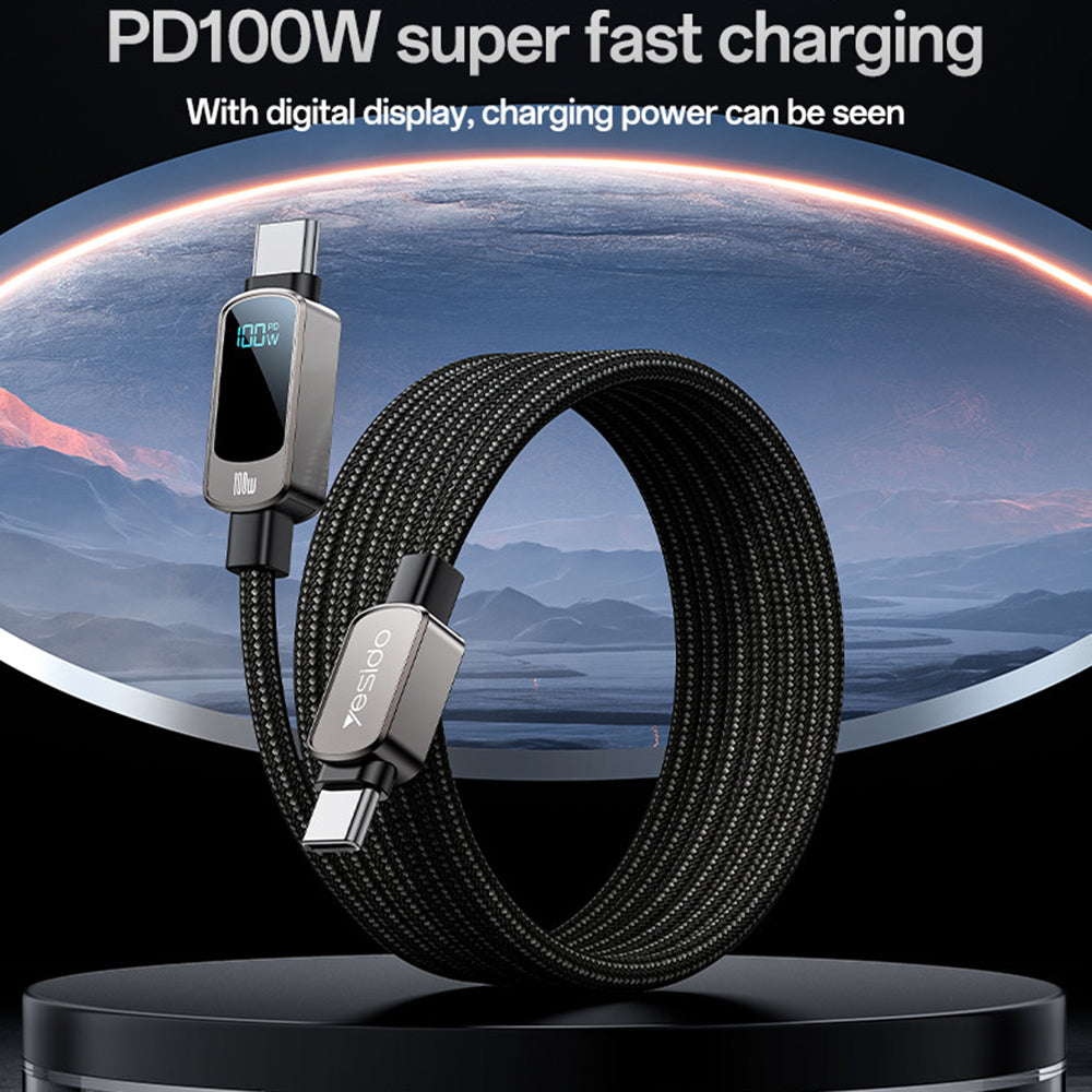 Yesido - Data Cable (CA179) - Super Fast Charging, with Digital Display, Type-C to Type-C, 100W, 5A, 480Mbps, 1.2m - Bla